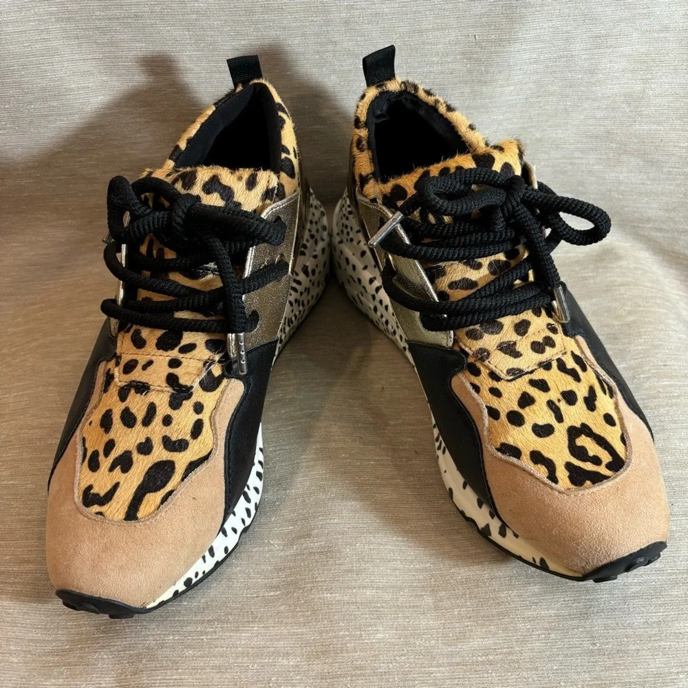 STEVE MADDEN Sz 7 Cliff Animal Print Cow Hair Lace Up Gold  Accent Sneakers